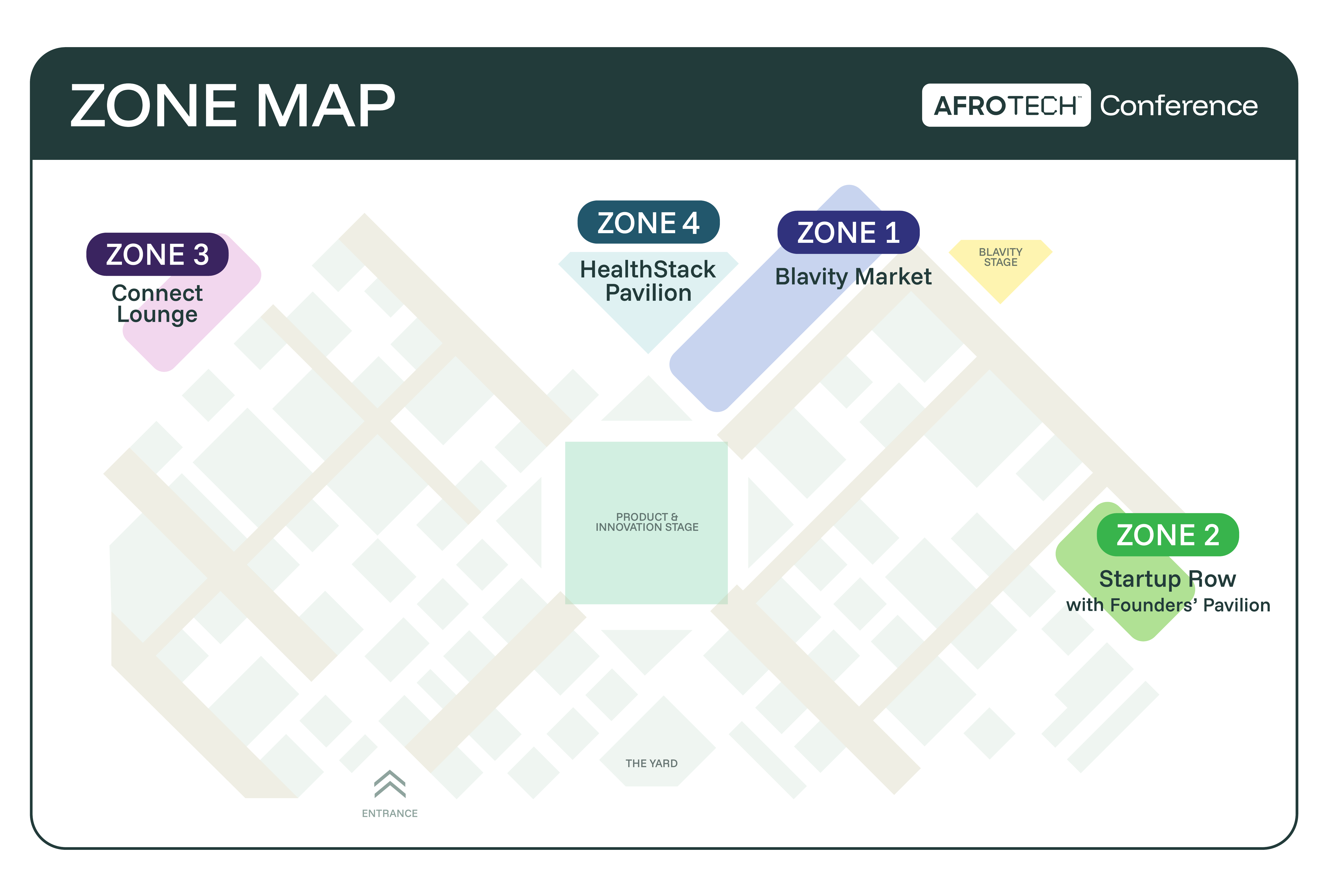 AfroTech Conference vendor booth zone map showing Zone 1 Blavity Market, Zone 2 Startup Row with Founders' Pavilion, Zone 3 Connect Lounge, and Zone 4 HealthStack Pavilion